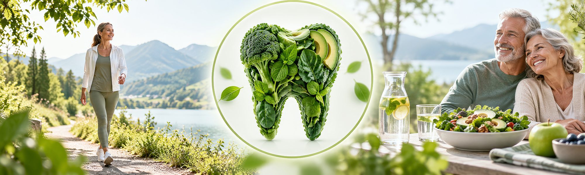 Collage zu Zahngesundheit, Ernährung, Bewegung und gesundem Altern
