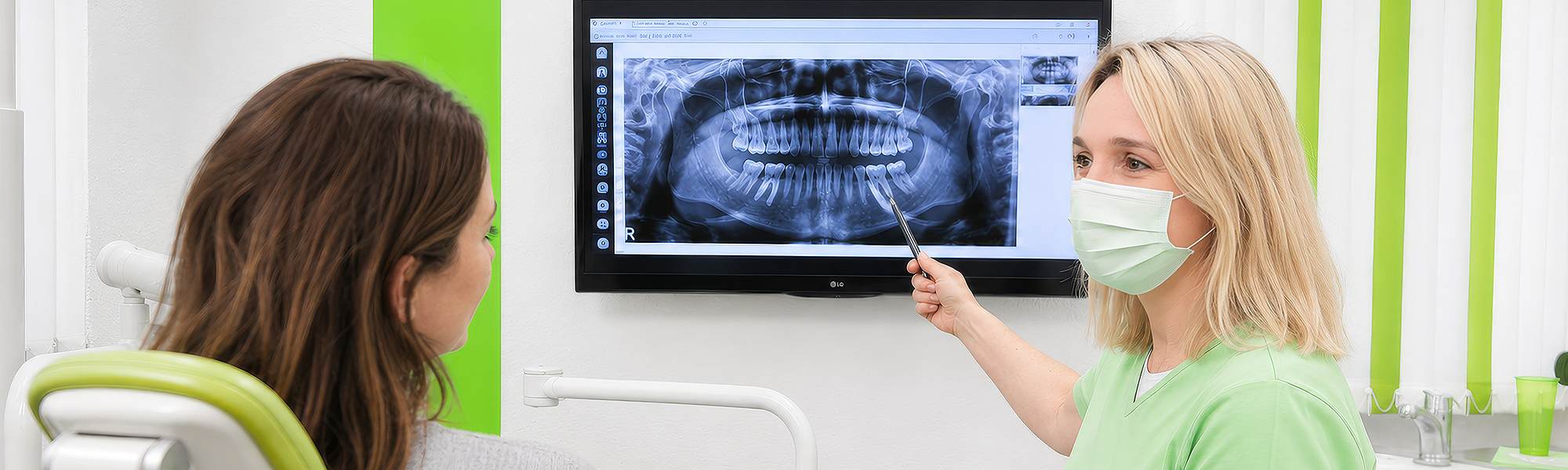 Zahnärztin im Gespräch mit einer Patientin, im Hintergrund ist ein Zahnröntgenbild sichtbar