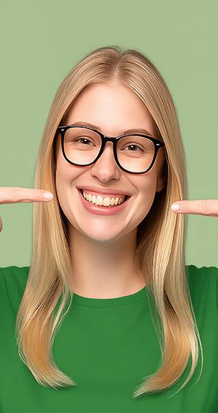 Junge Frau mit Brille lächelt und zeigt mit beiden Zeigefingern auf ihr Gebiss.